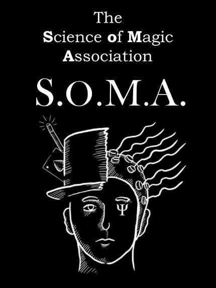The Science of Magic Association poster: a line drawing of a head wearing a top hat with a wand, cards, and brain imagery.