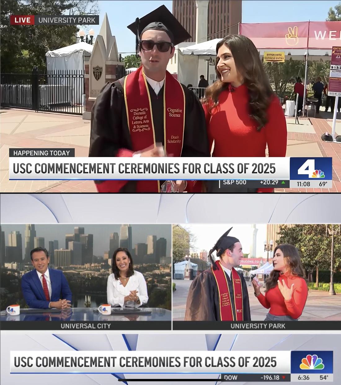 Two stills from the NBC4 broadcast: Tyler live at University Park in his cap and gown, and the studio anchors crossing to the interview.
